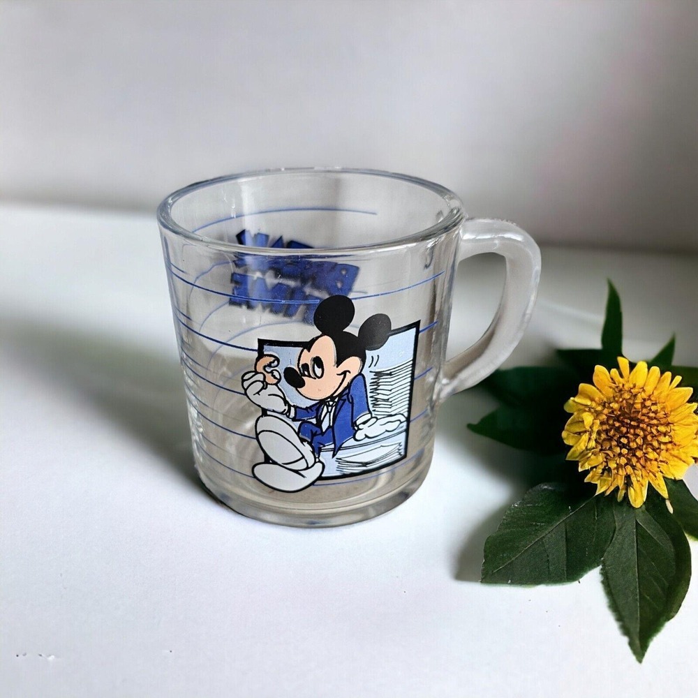 Vintage Walt Disney Mickey Mouse Clear Glass Coffee Mug Tea Cup Break Time 8 Oz.